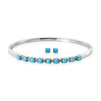 Sleeping Beauty Turquoise and White Zircon 3.15 ctw Stud Earrings and Bangle Bracelet (7.25 In) in Stainless Steel