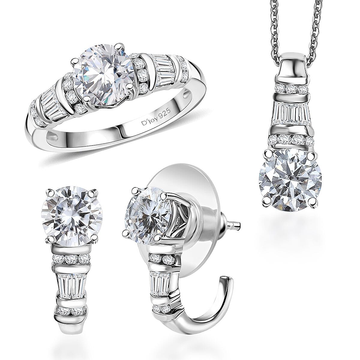 TLV Moissanite (Rnd 7mm) Earrings, Ring (Size 7.0) and Pendant Necklace (20 Inches) in Rhodium Over Sterling Silver 4.90 ctw