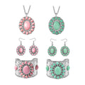 Set of 2 - Constituted Pink and Green Howlite 281.00 ctw Floral Cuff Bracelet (7.50-8.50 In), Earrings and Pendant Necklace (26-30 Inches) in Silvertone - Sticky add to cart bar