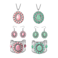 Set of 2 - Constituted Pink and Green Howlite 281.00 ctw Floral Cuff Bracelet (7.50-8.50 In), Earrings and Pendant Necklace (26-30 Inches) in Silvertone