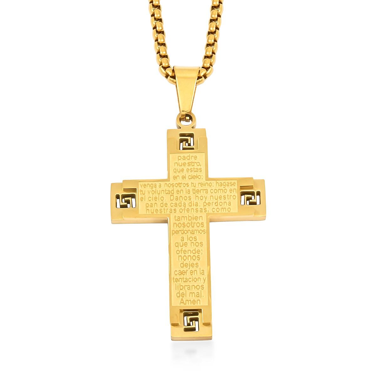 Prayer Cross Pendant Necklace 24 Inches in ION Plated YG Stainless Steel