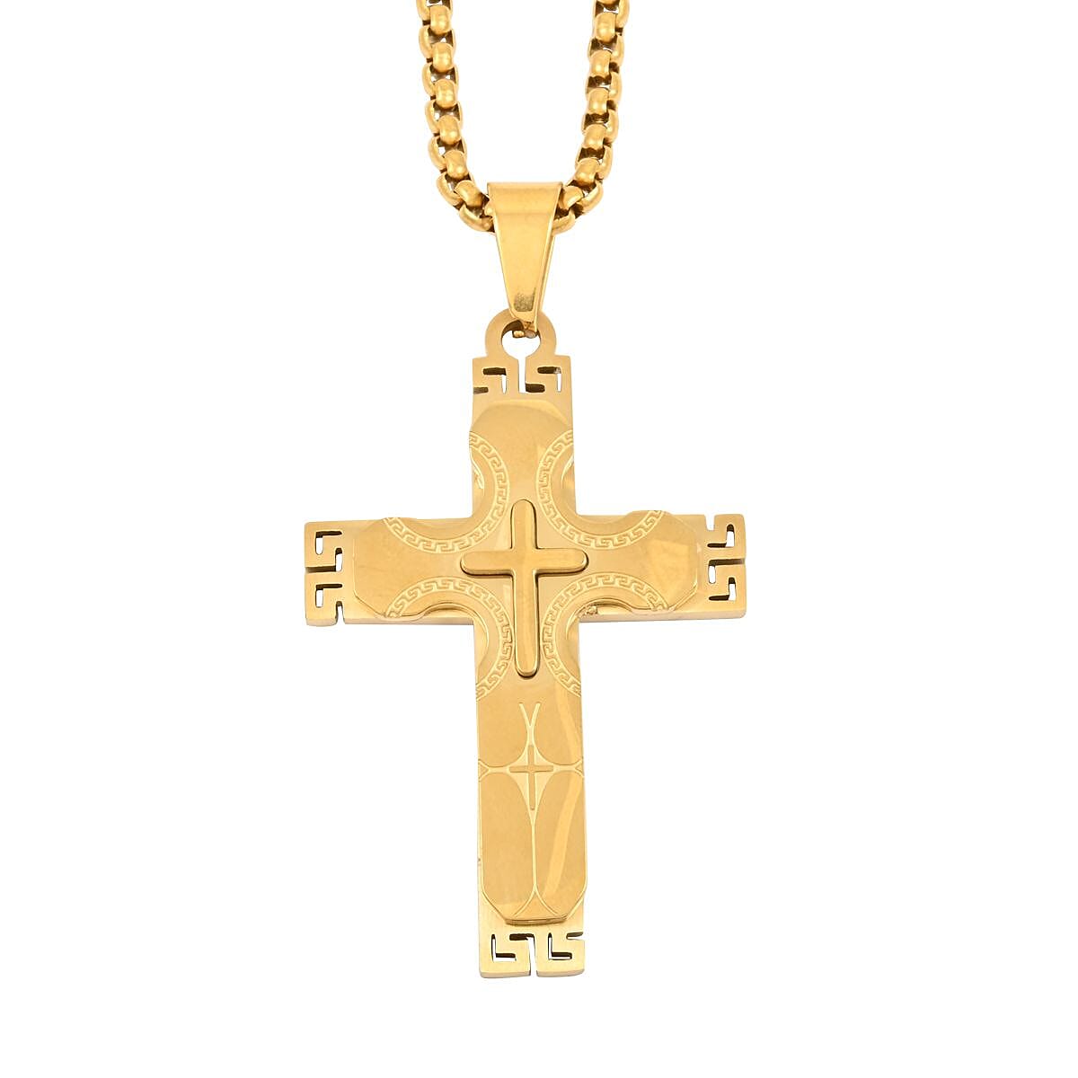 Acanthus Cross Pendant Necklace 24 Inches in ION Plated YG Stainless Steel