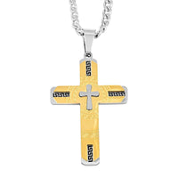 Hellenic Key Cross Pendant Necklace in ION Plated YG and Stainless Steel 24 Inches