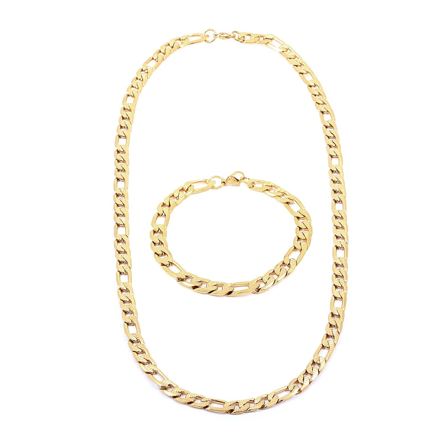 Set of Figaro Chain Bracelet (8.0In) and Necklace 24 Inches in ION Plated Yellow Gold Stainless Steel