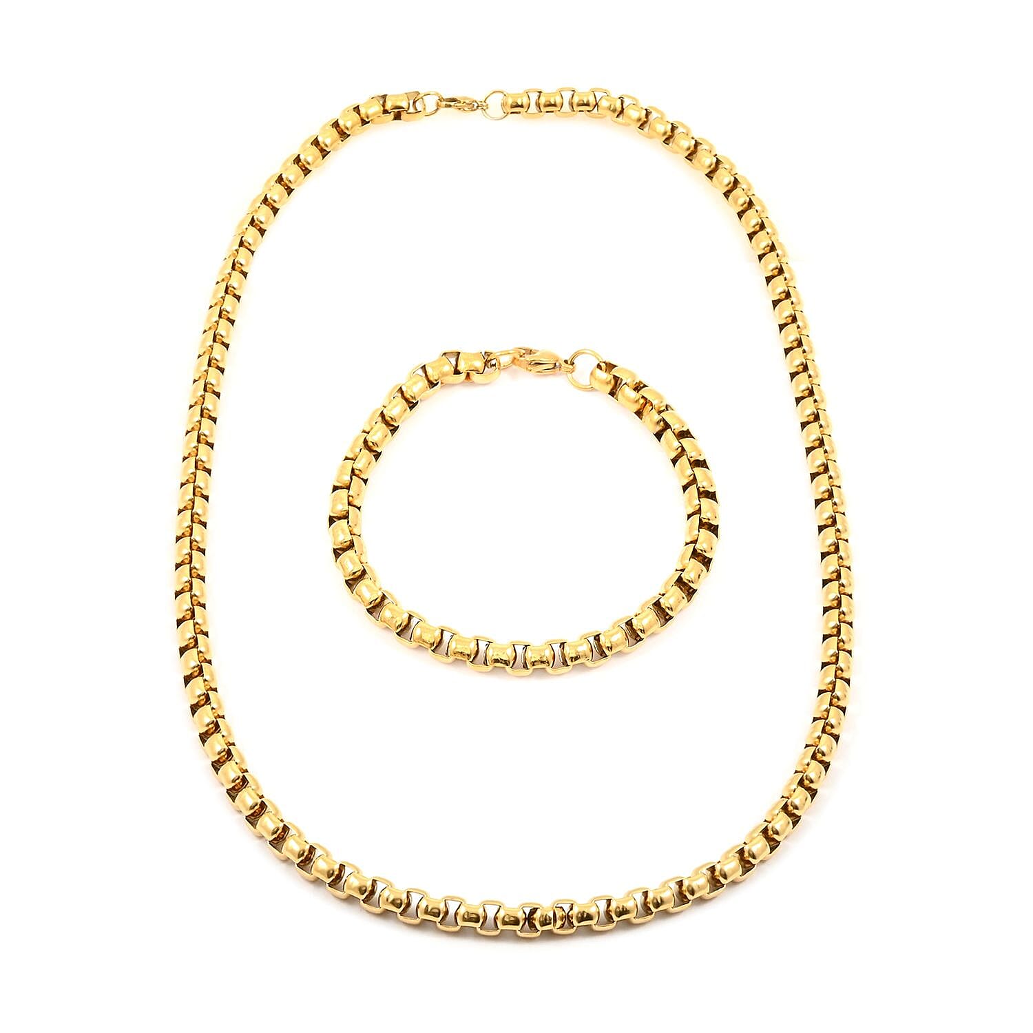 Set of Box Chain Bracelet (8.50In) and Necklace 24 Inches in ION Plated Yellow Gold Stainless Steel