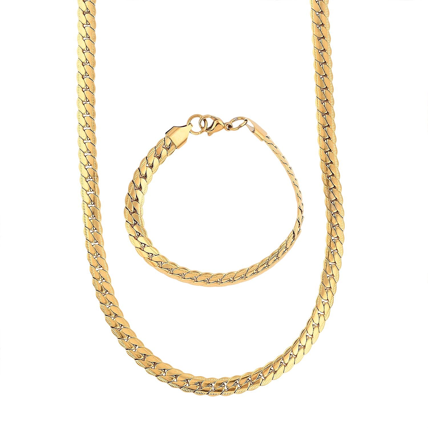 Set of Curb Chain Bracelet (7.50In) and Necklace 18 Inches in ION Plated YG Stainless Steel