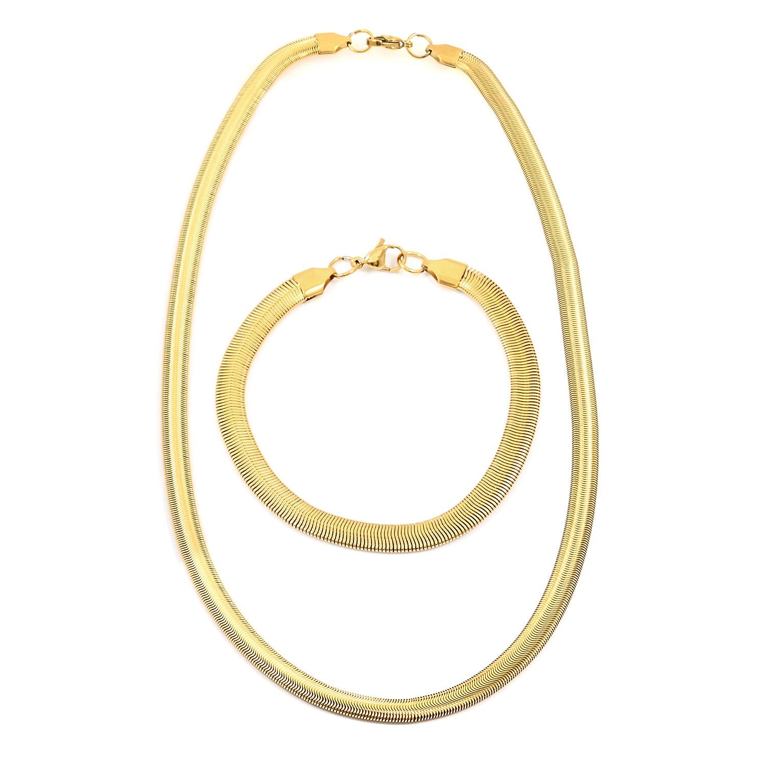 Set of Herringbone Bracelet (7.50In) and Necklace 20 Inches in ION Plated Yellow Gold Stainless Steel