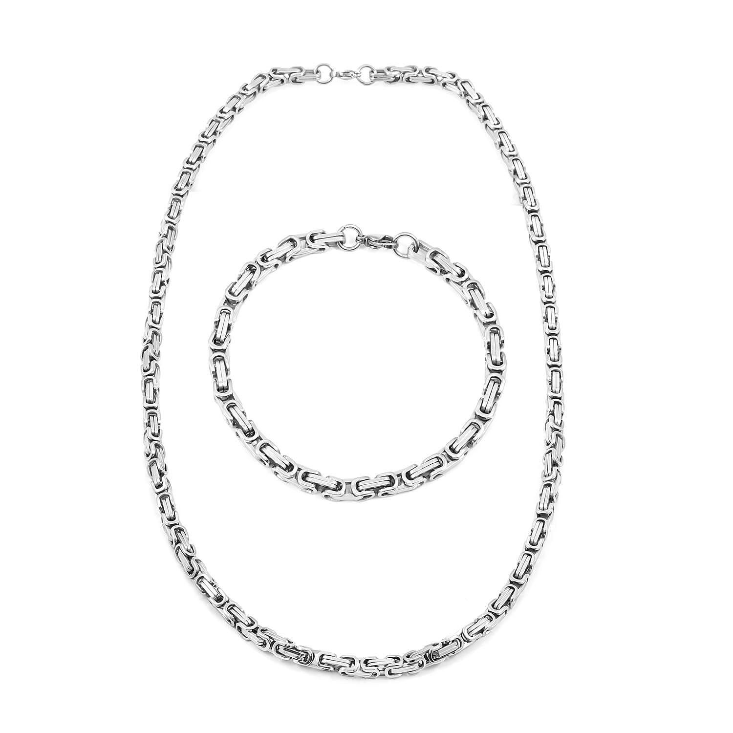 Set of Byzantine Chain Bracelet (8.50In) and Necklace 24 Inches in Stainless Steel