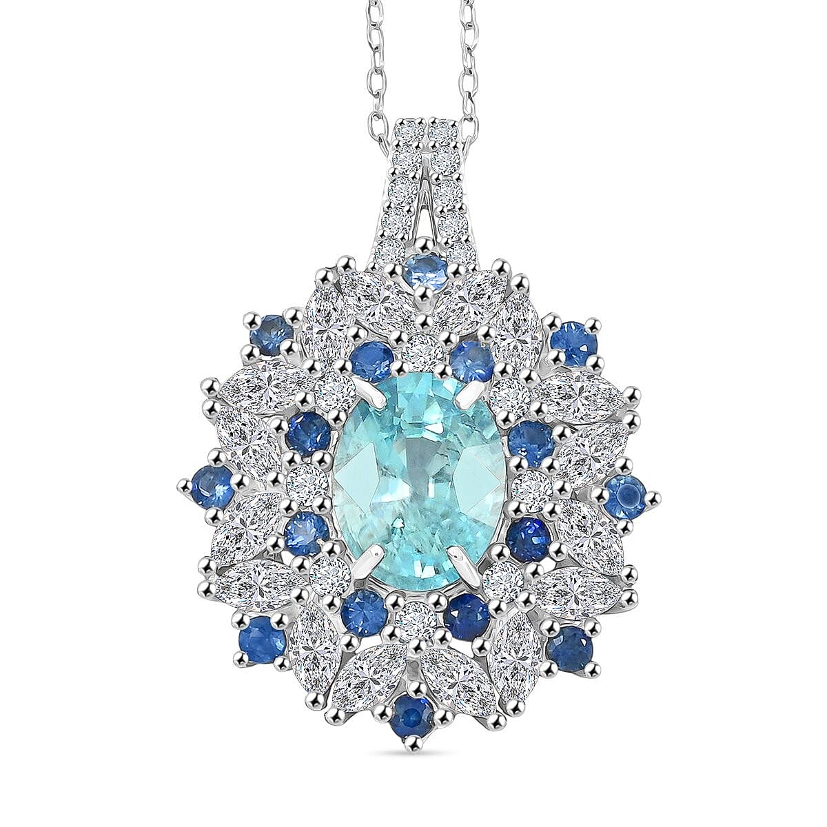 Cambodian Blue Zircon and Multi Gemstone 5.40 ctw Pendant Necklace in Rhodium Over Sterling Silver 20 Inches