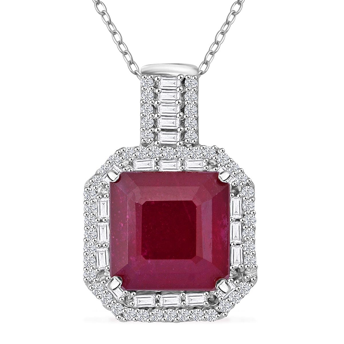 Premium Niassa Ruby (FF) and Moissanite 8.90 ctw Halo of Majesty Pendant Necklace in Rhodium Over Sterling Silver 20 Inches