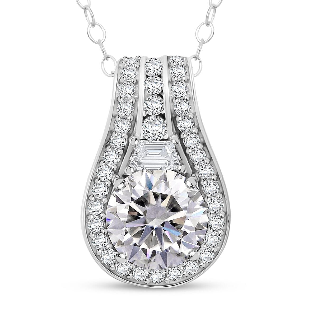 D'Joy Heart and Arrow Cut Moissanite (Rnd 8mm) Pendant Necklace (20 Inches) in Rhodium Over Sterling Silver 2.40 ctw