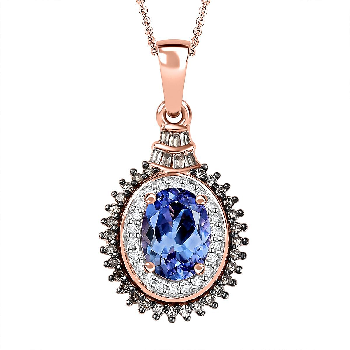 Tanzanite, Nature Champagne and White Diamond 1.60 ctw Pendant Necklace in 18K Vermeil Rose Gold Over Sterling Silver 20 Inches
