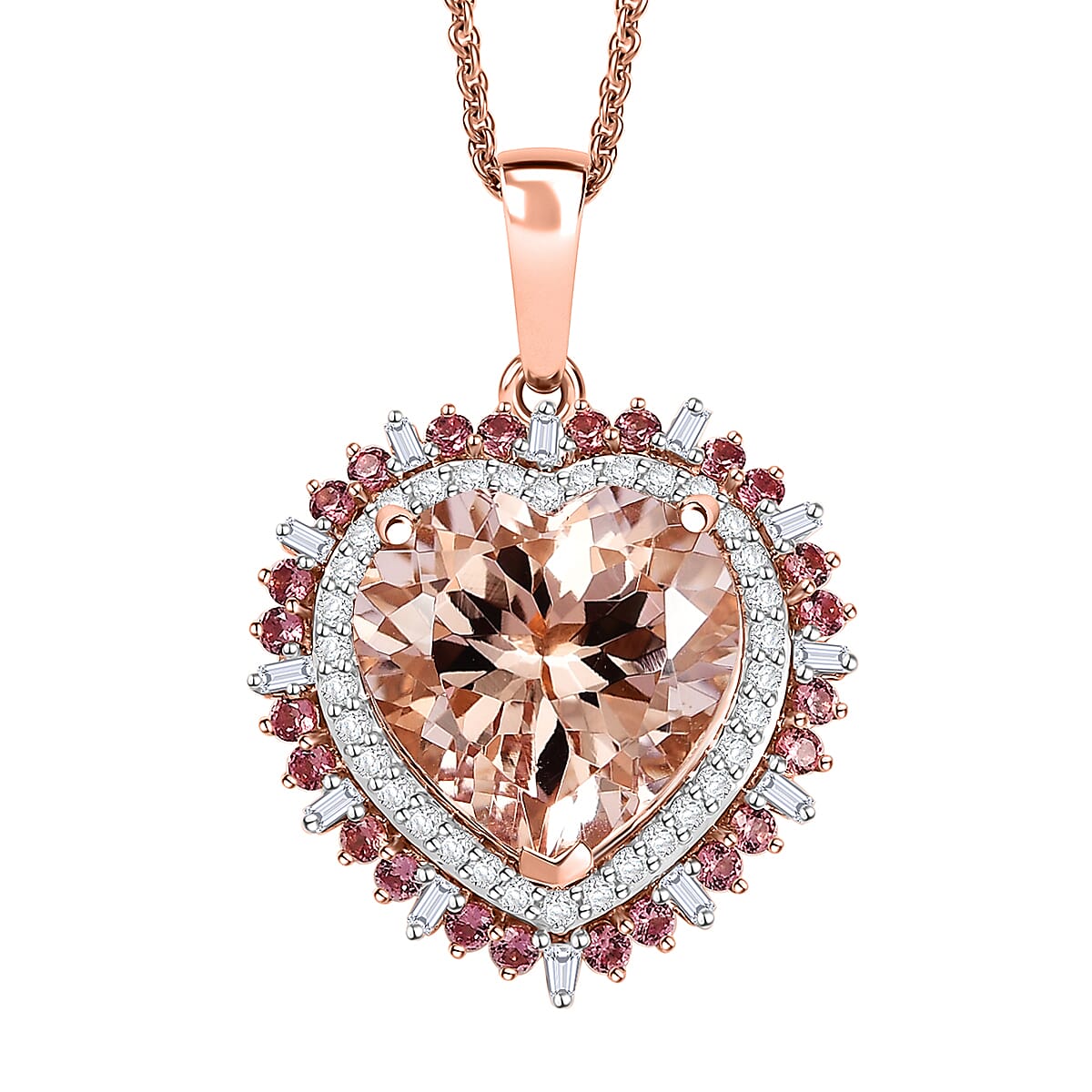 Luxoro AAA Marropino Morganite, Padparadscha Sapphire and White Diamond I2 5.90 ctw Radiant Heart Pendant Necklace in 14K Rose Gold 20 Inches