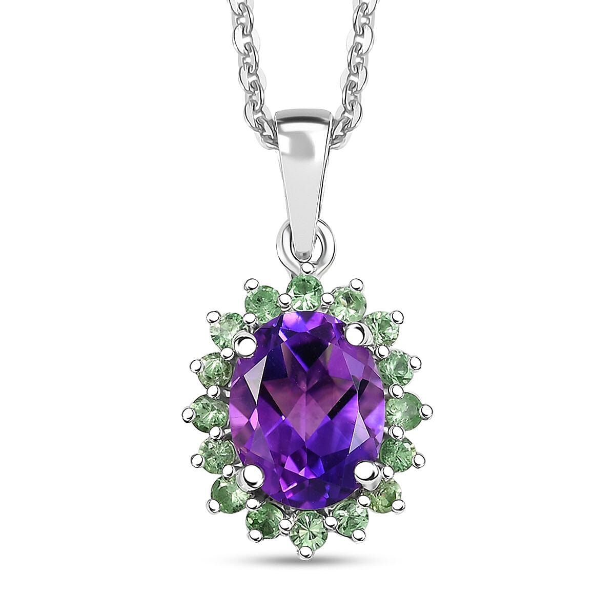 Premium Moroccan Amethyst, Tsavorite Garnet 2.30 ctw Pendant Necklace in Rhodium Over Sterling Silver 20 Inches