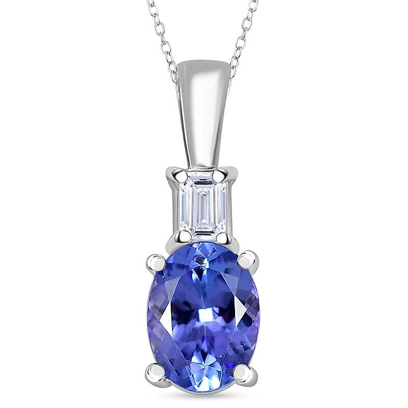 Premium Tanzanite and Luxuriant Lab Grown Diamond VS 1.20 ctw Statement Pendant Necklace in Rhodium Over Sterling Silver 20 Inches