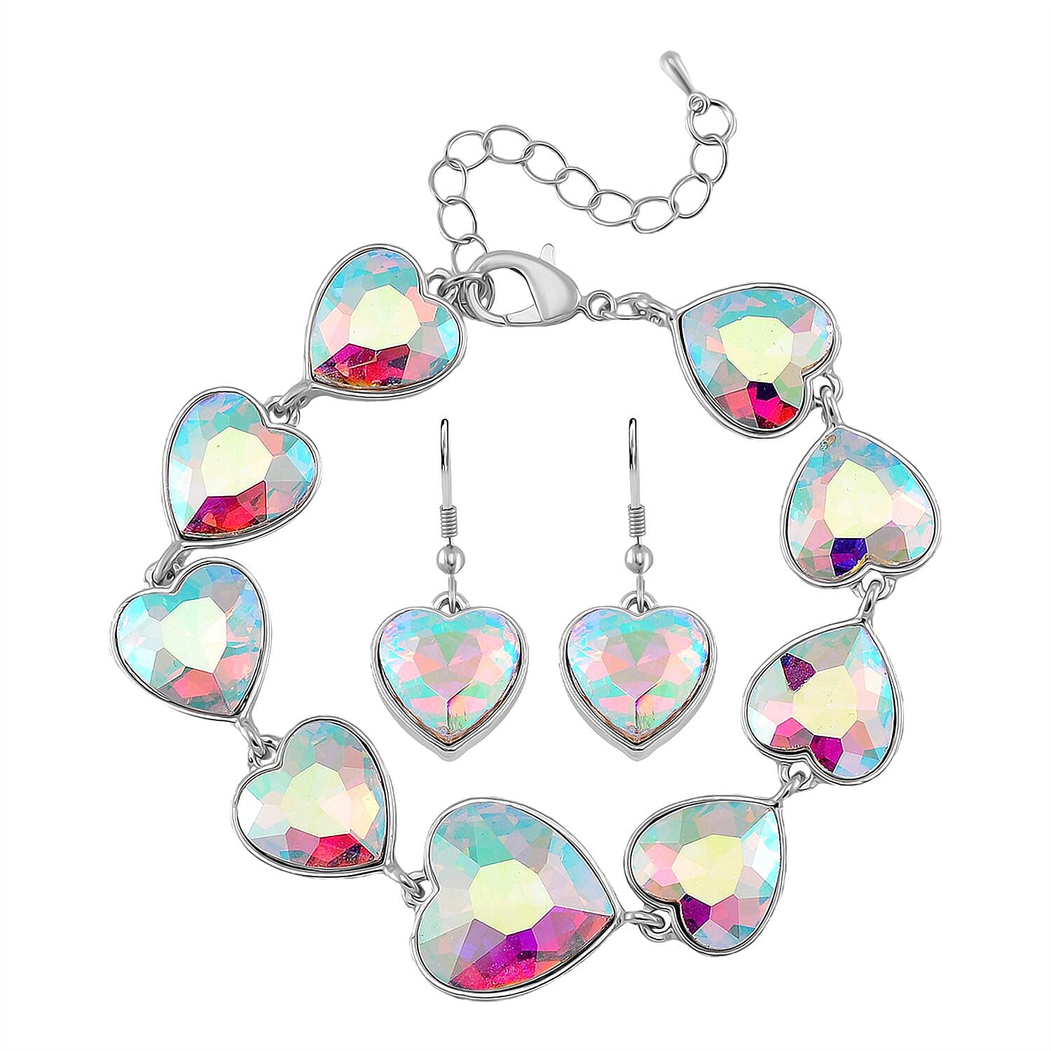 Simulated Mystic White Crystal Bracelet and Earrings in Silvertone