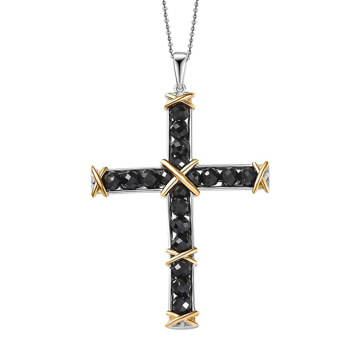 Karis Thai Black Spinel Cross Pendant in 18K YG Plated and Platinum Bond with Stainless Steel Necklace (20 inches) 11.40 ctw