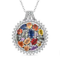 Multi Sapphire and White Zircon Sunburst Cluster Pendant Necklace in Sterling Silver 20 Inches