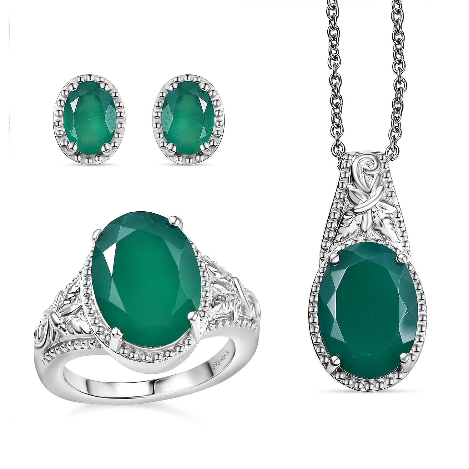 Set of 3 Karis Verde Onyx Earring, Ring (Size 5.0), Pendant in Platinum Bond with Stainless Steel Necklace (20 Inches) 12.20 ctw