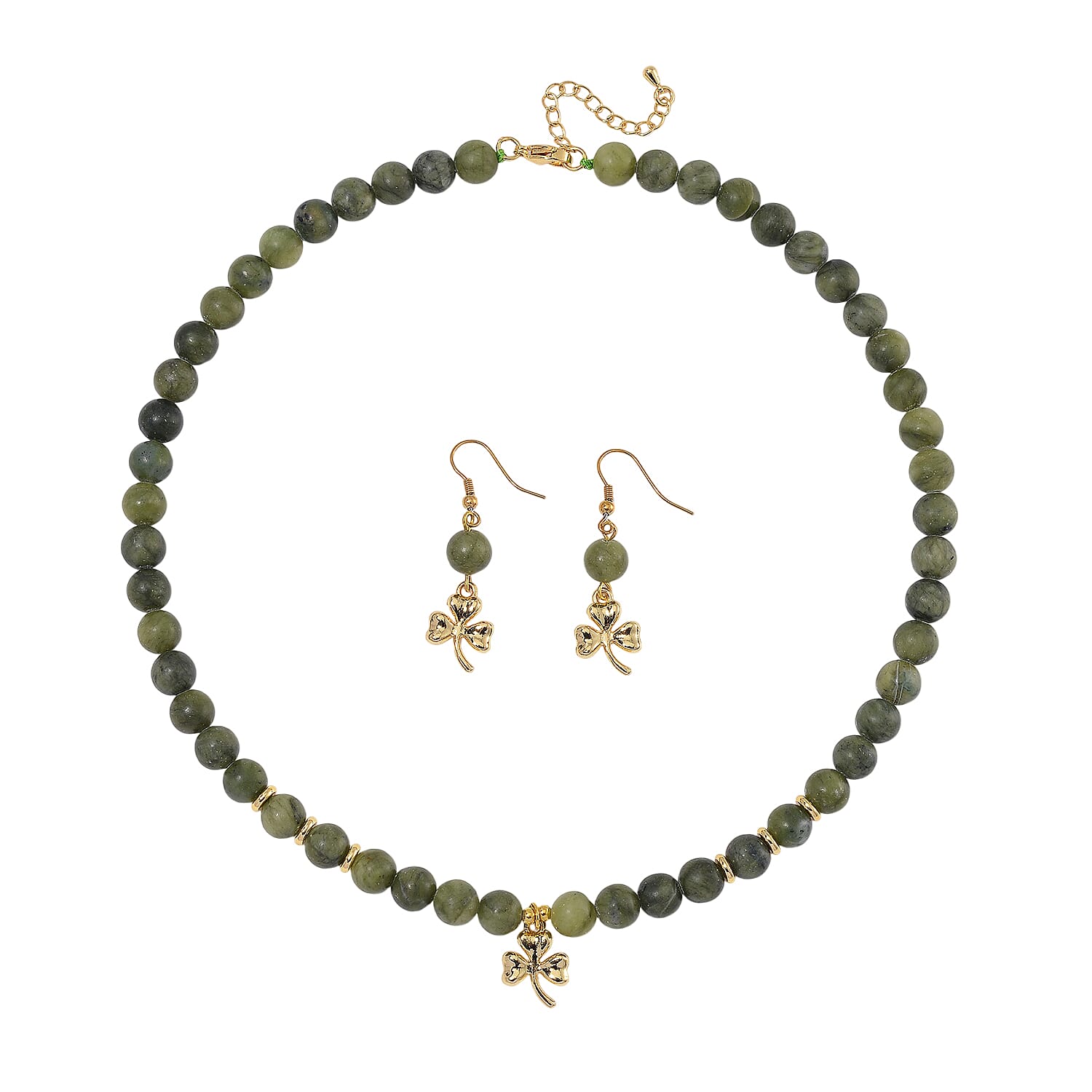 Connemara Marble 219.00 ctw Set of Beaded Necklace 18-20 Inches and Earrings with Clover Leaf Charm in ION Plated YG Stainless Steel