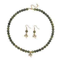 Connemara Marble 219.00 ctw Set of Beaded Necklace 18-20 Inches and Earrings with Clover Leaf Charm in ION Plated YG Stainless Steel