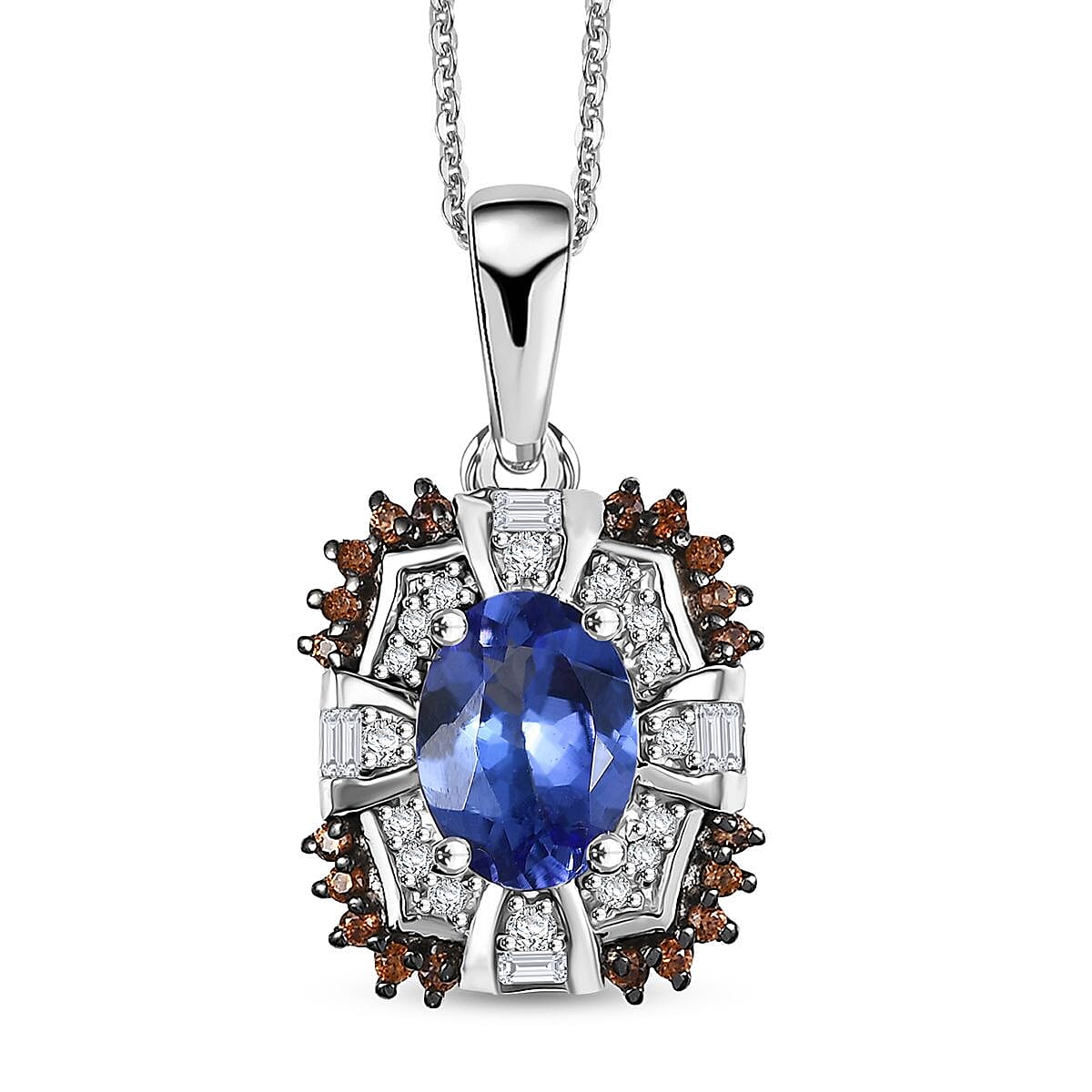 Tanzanite and Multi Gemstone 2.00 ctw Baroque Bloom Pendant Necklace in Rhodium Over Sterling Silver 20 Inches