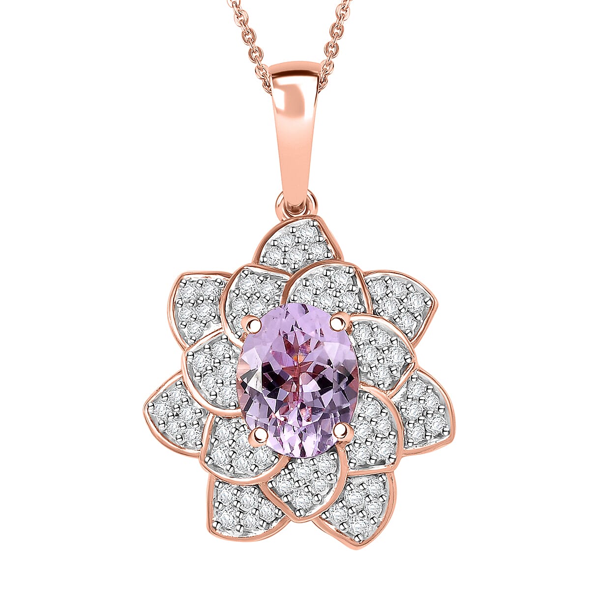 D'Joy Premium Martha Rocha Kunzite and White Zircon 4.15 ctw Rose Flower Pendant Necklace in 18K Vermeil Rose Gold Over Sterling Silver 20 Inches