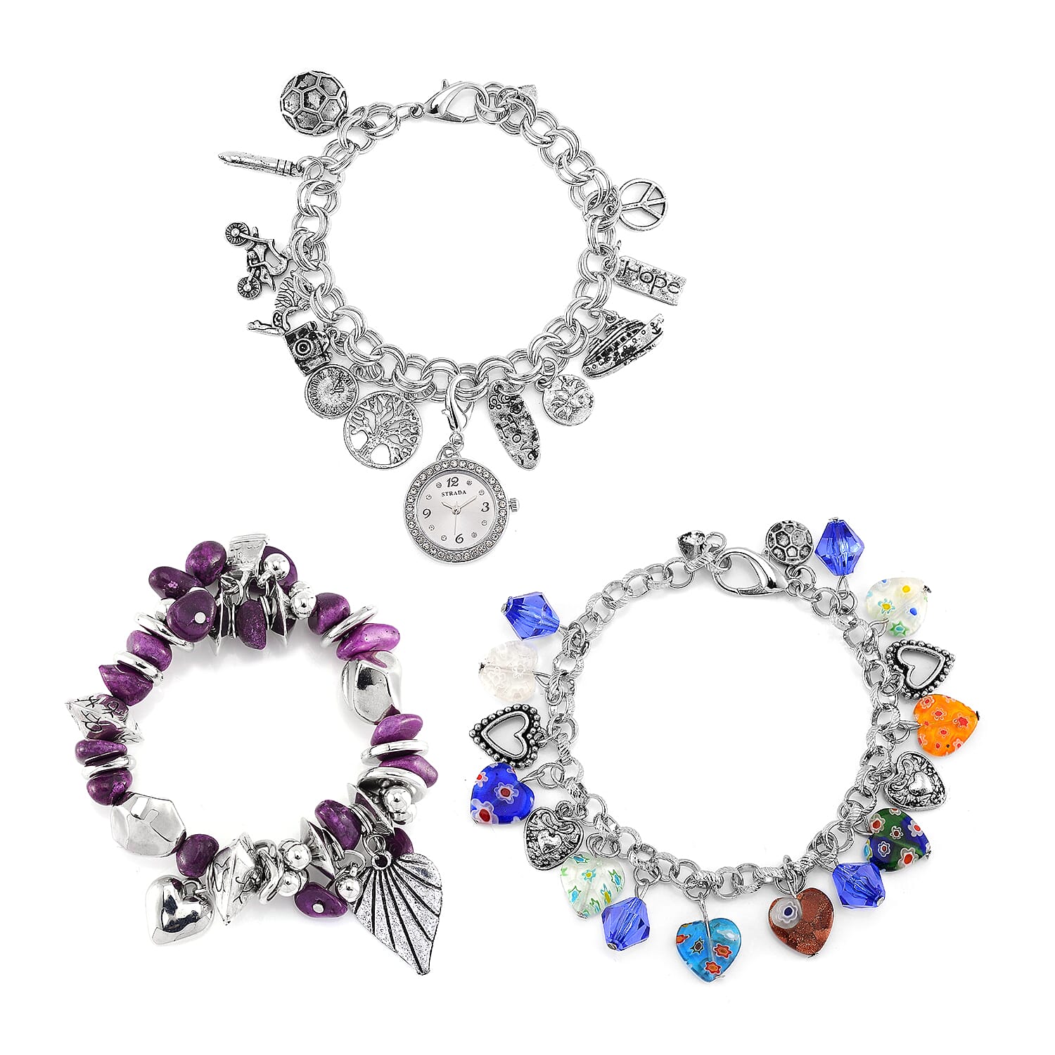 3pcs Set - Strada Japanese Movement Charm Bracelet Watch and Mutli Glass, Purple Howlite Beaded Set of 2 Bracelet with Heart Charm 15.00 ctw