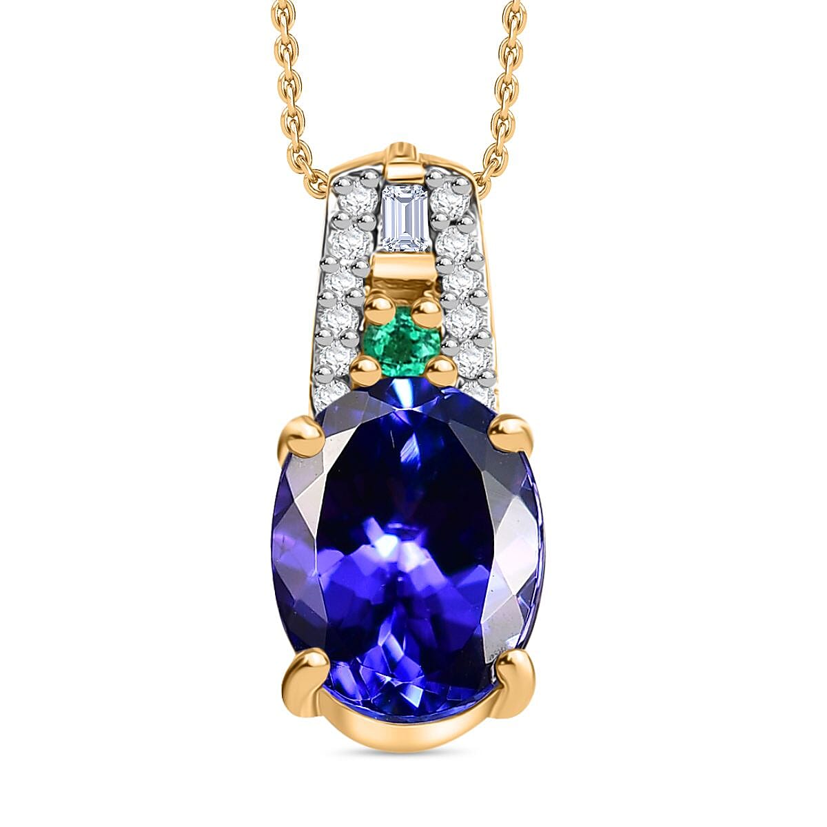 Luxoro AAA Tanzanite, Boyaca Colombian Emerald and Diamond I2 1.70 ctw Ocean Serenade Pendant Necklace in 10K Yellow Gold 18 Inches