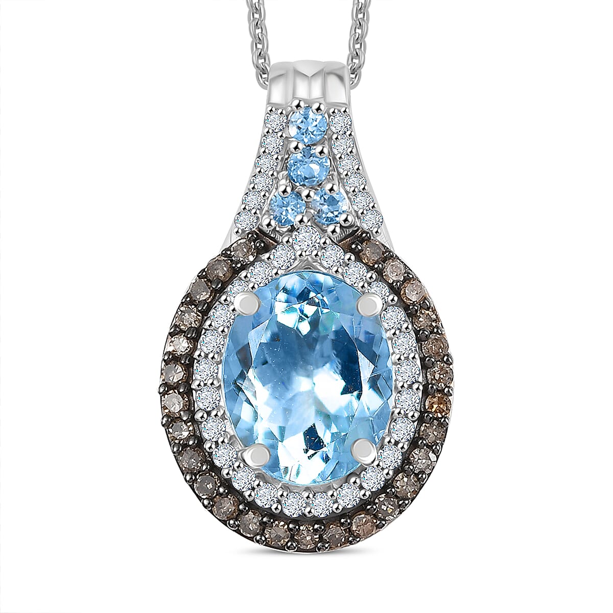 D'Joy Premium Mangoro Aquamarine, Santa Ana Aquamarine, Natural Champagne and White Diamond 2.80 ctw Ocean Empress Pendant Necklace in Rhodium Over Sterling Silver 20 Inches