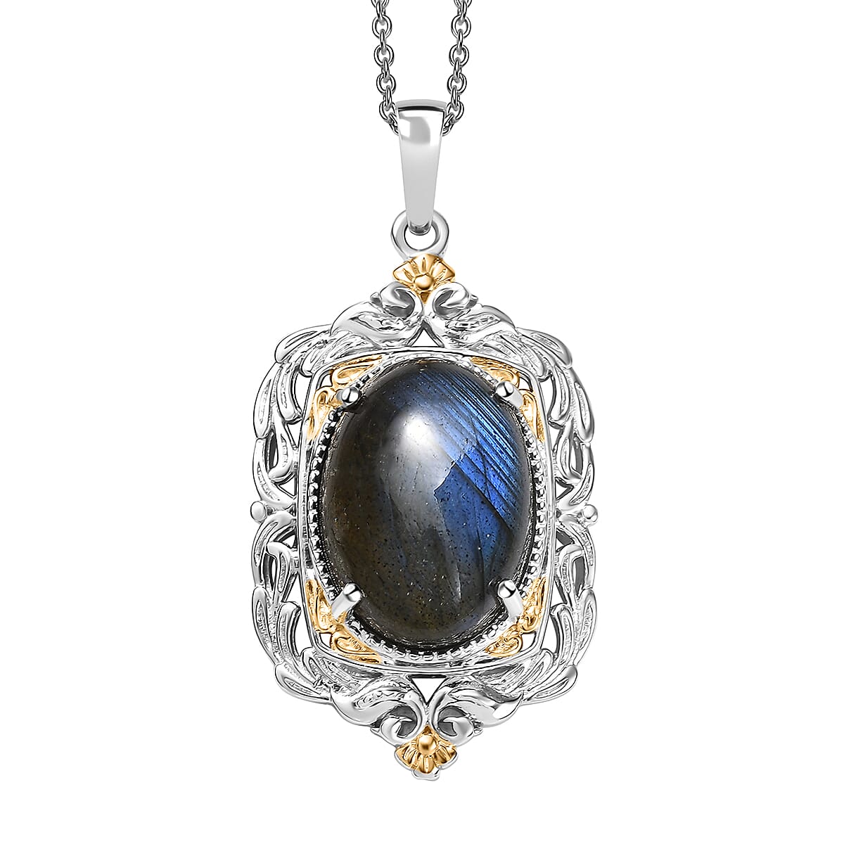 Karis Malagasy Labradorite 12.40 ctw Pendant in 18K YG Plated and Platinum Bond with Stainless Steel Necklace 20 Inches