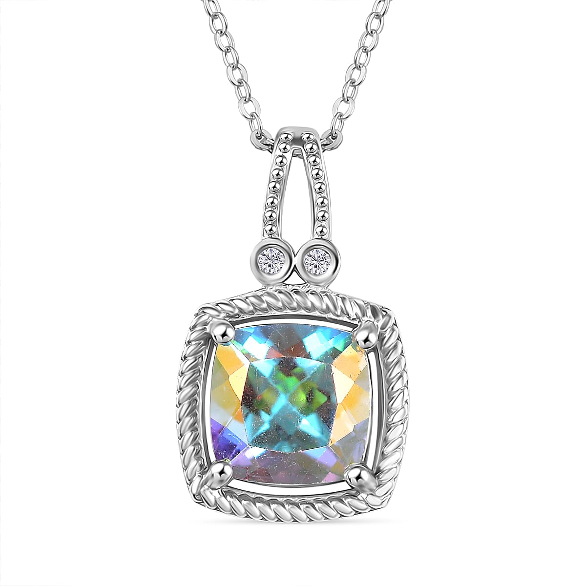 Mercury Mystic Topaz and White Zircon 2.60 ctw Pendant Necklace in Rhodium Over Sterling Sliver 20 Inches