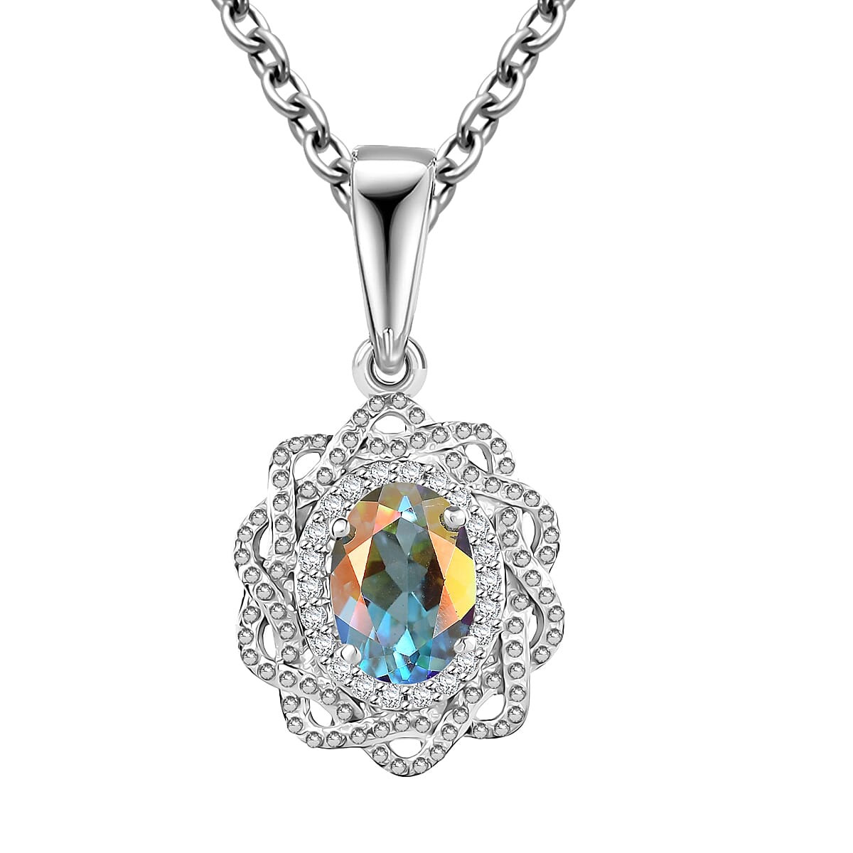 Mercury Mystic Topaz and White Zircon 1.00 ctw Celestial Bloom Pendant in Rhodium Over Sterling Silver with Stainless Steel Chain 20 Inches
