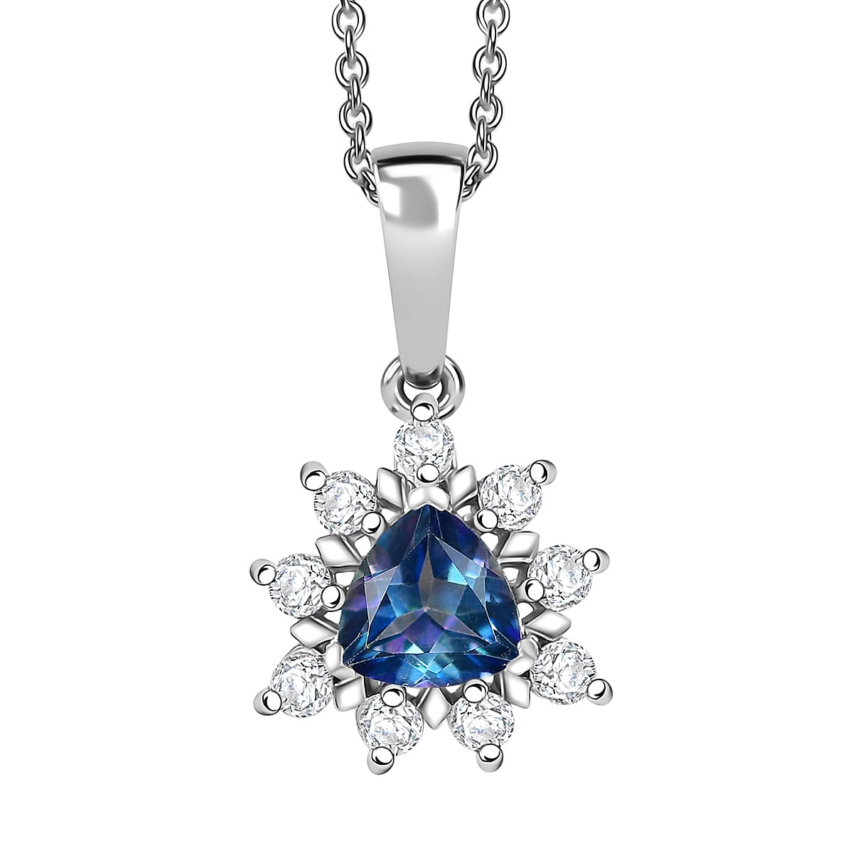 Neptune Garden Mystic Topaz and White Zircon 1.30 ctw Starburst Pendant in Platinum Over Sterling silver with Stainless Steel Necklace (20 Inches)