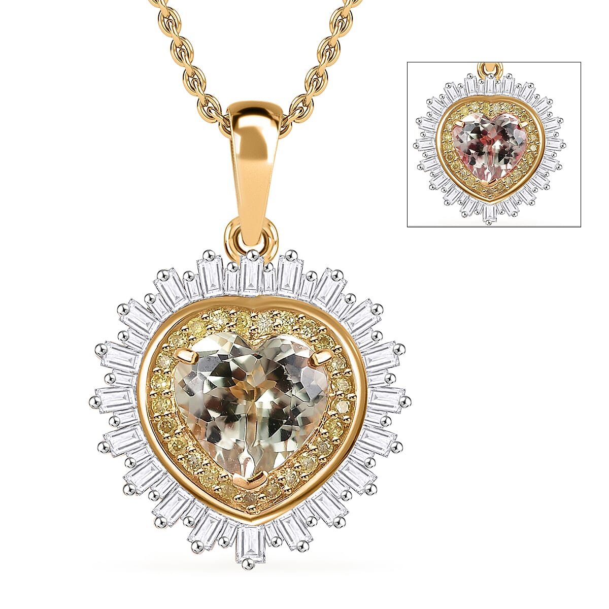 Luxoro AAA Turkizite, Natural Yellow and White Diamond I2 2.40 ctw Radiant Heart Pendant Necklace 20 Inches in 10K Yellow Gold