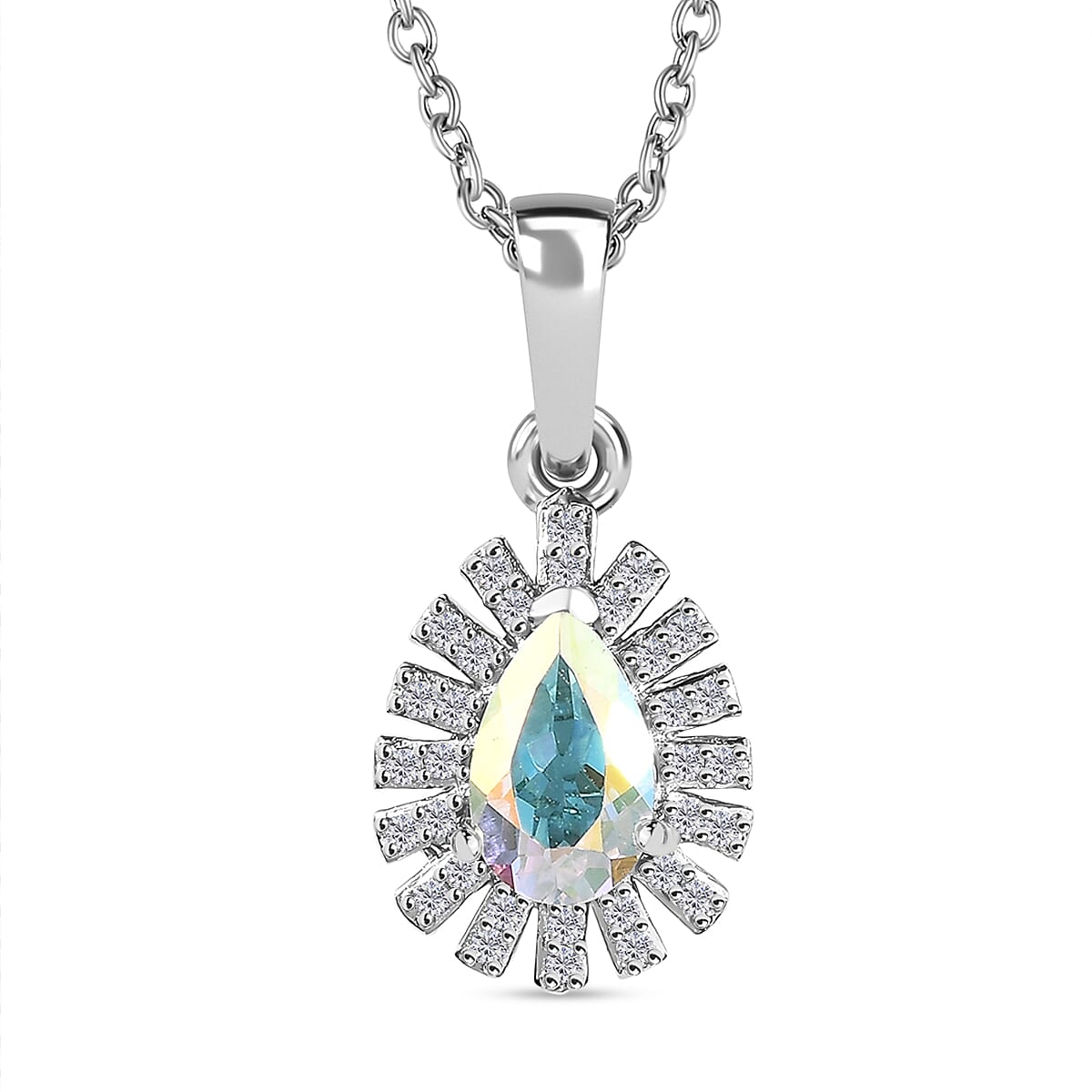 Mercury Mystic Topaz and White Zircon 1.20 ctw Snowflake Pendant Necklace in Platinum Over Sterling Silver 20 Inches