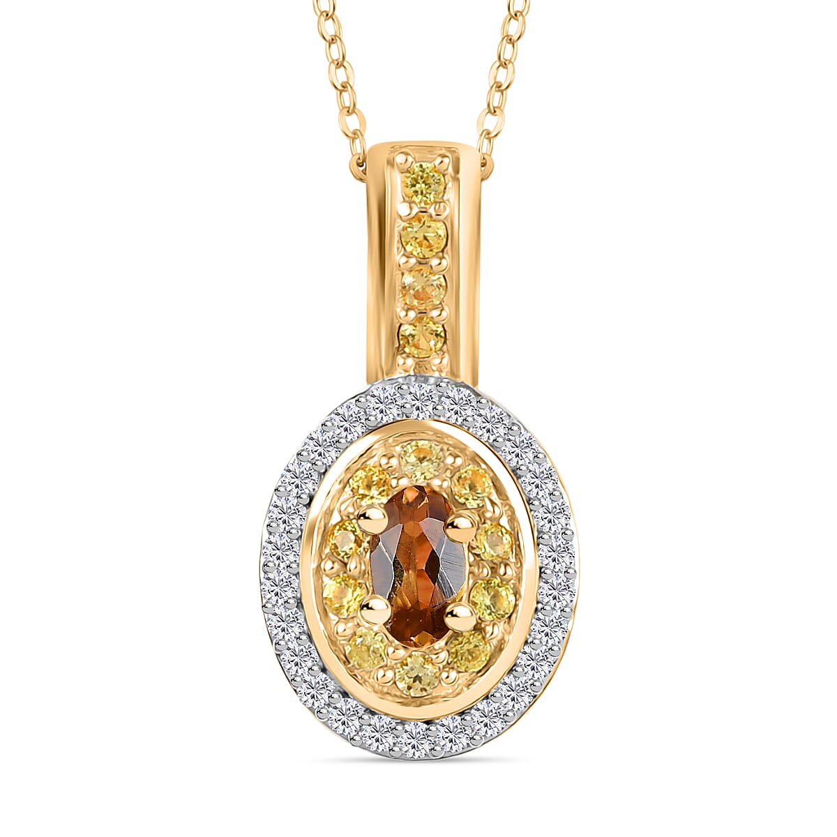 Premium Golden Turkizite and Multi Gemstone 0.65 ctw Double Halo Pendant Necklace 20 Inches in 18K Vermeil Yellow Gold Over Sterling Silver
