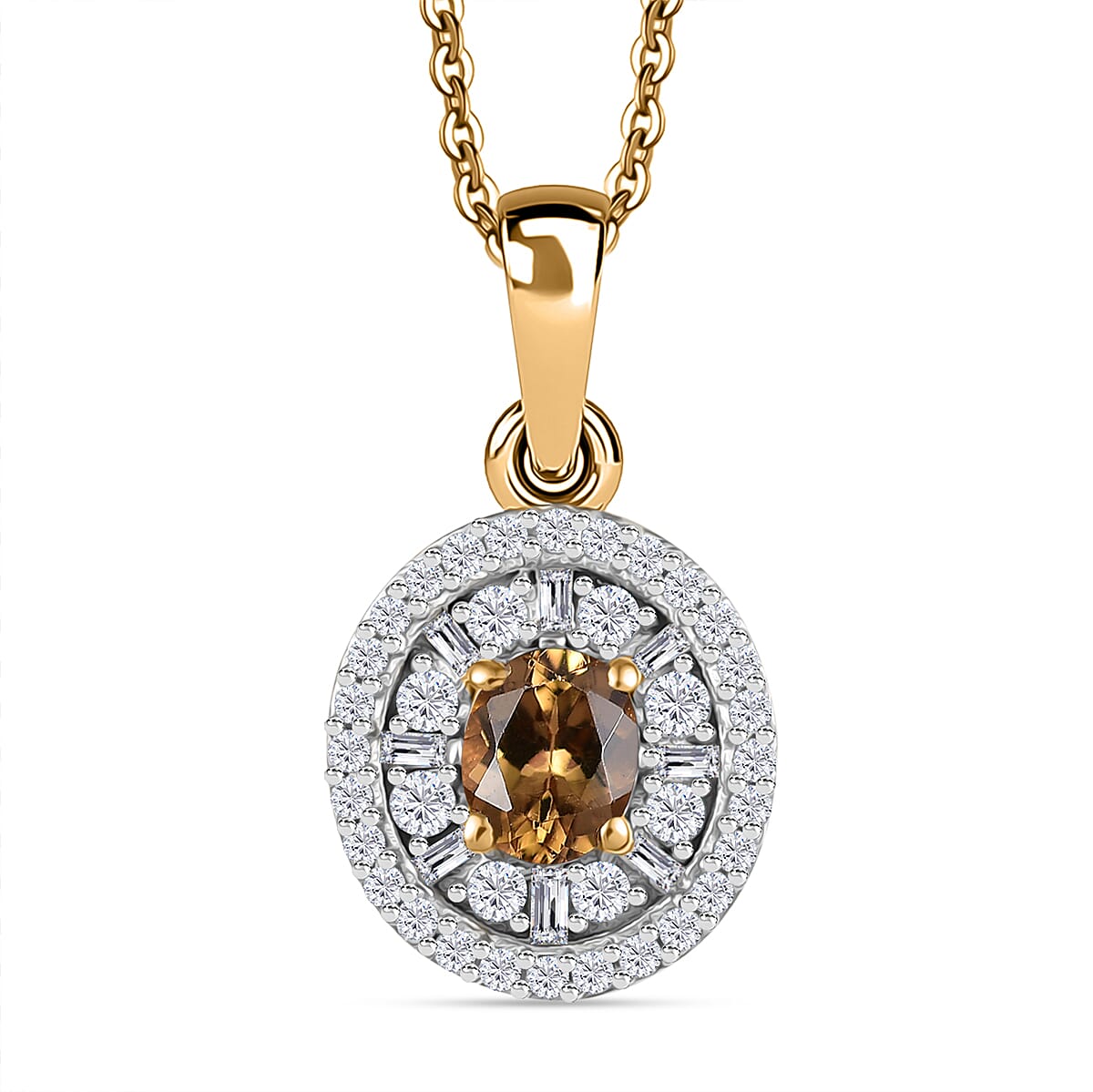 Premium Golden Turkizite and Diamond 0.70 ctw Double Halo Pendant Necklace 20 Inches in 18K Vermeil Yellow Gold Over Sterling Silver