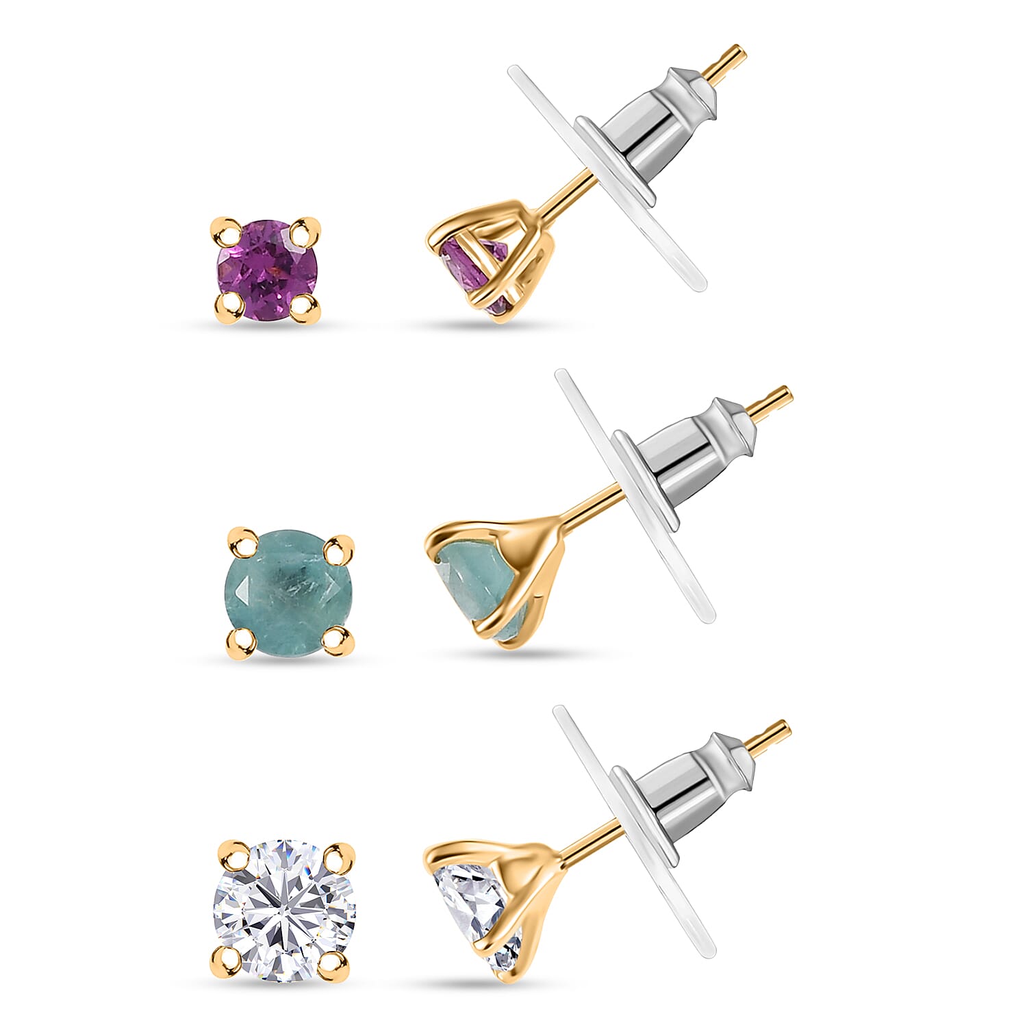 Set of 3 Moissanite, Grandidierite and Radiant Ember Garnet 3.15 ctw Solitaire Stud Earrings in 18K Vermeil Yellow Gold Over Sterling Silver