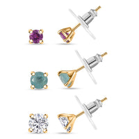 Set of 3 Moissanite, Grandidierite and Radiant Ember Garnet 3.15 ctw Solitaire Stud Earrings in 18K Vermeil Yellow Gold Over Sterling Silver