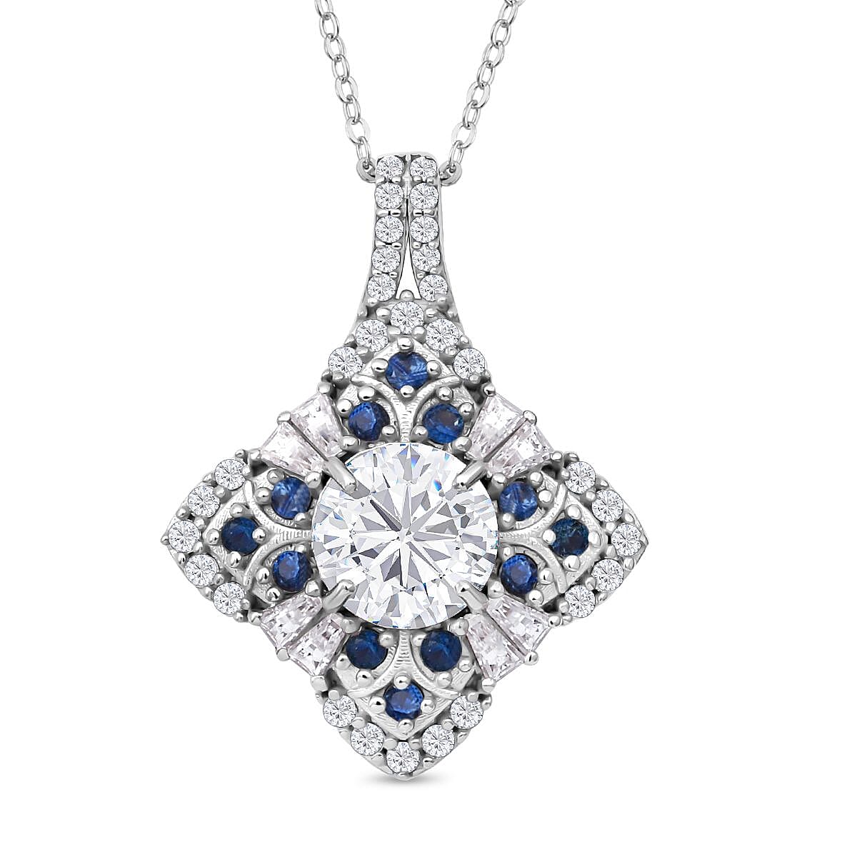 120 Faceted Moissanite (Rnd 8 mm), Blue Sapphire Pendant Necklace (20 Inches) in Rhodium Over Sterling Silver 3.00 ctw