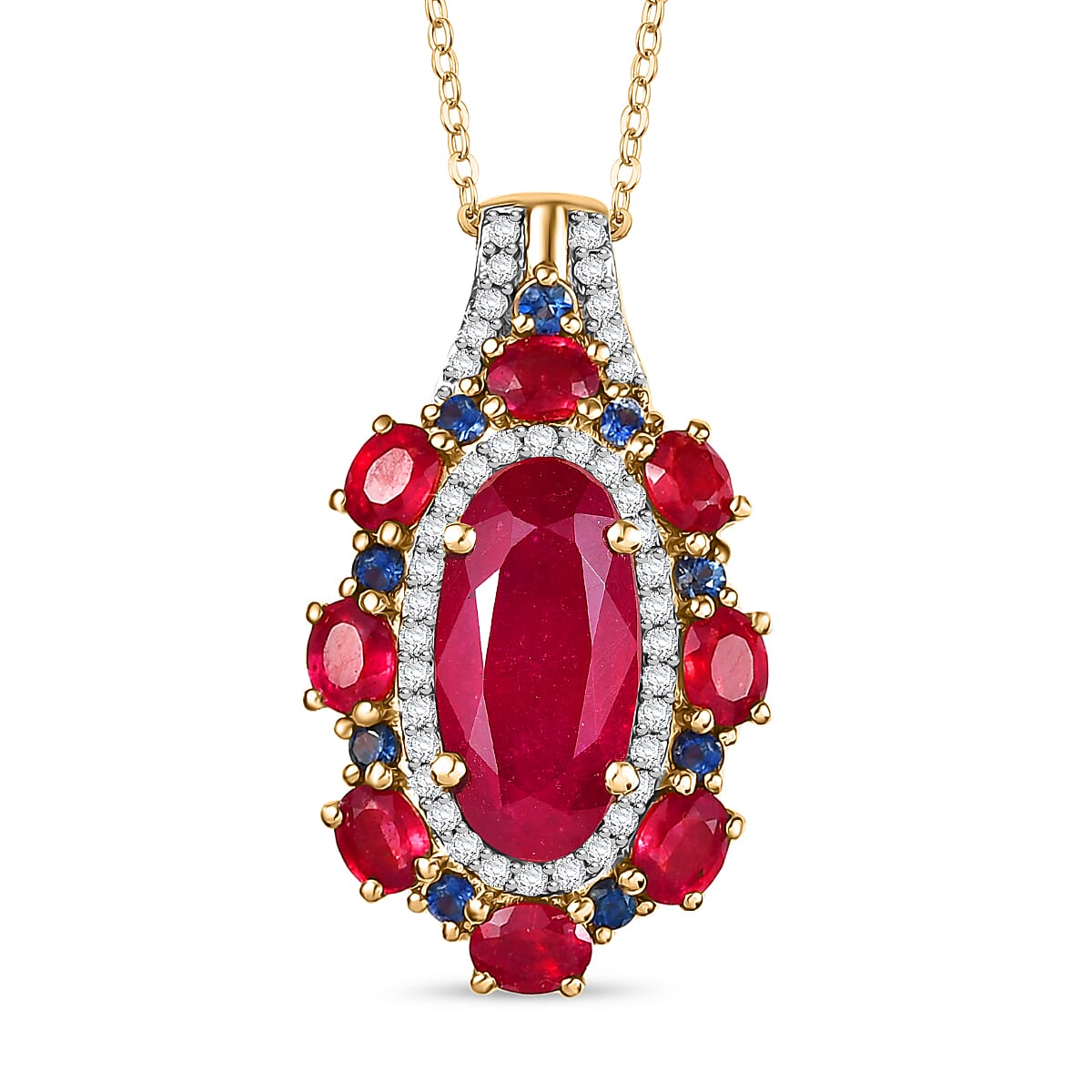 Premium Niassa Ruby (FF) and Multi Gemstone 8.50 ctw Royal Empress Pendant Necklace in 18K Vermeil Yellow Gold Sterling Silver 20 Inches