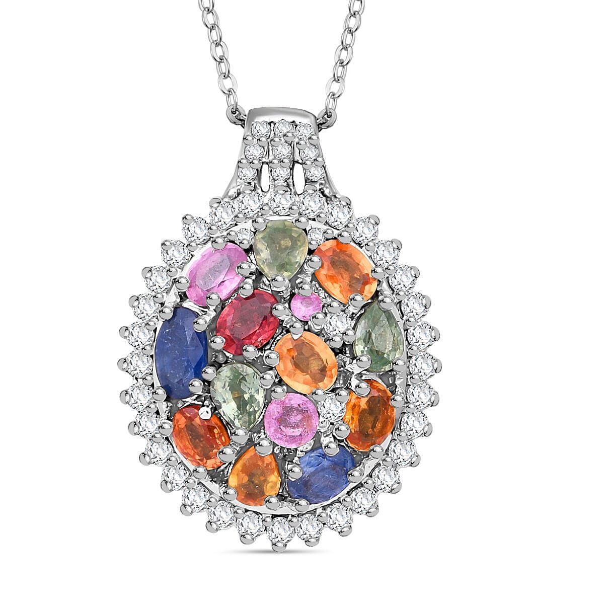 Multi Sapphire, White Zircon Sunburst Cluster Pendant Necklace in Sterling Silver 20 Inches