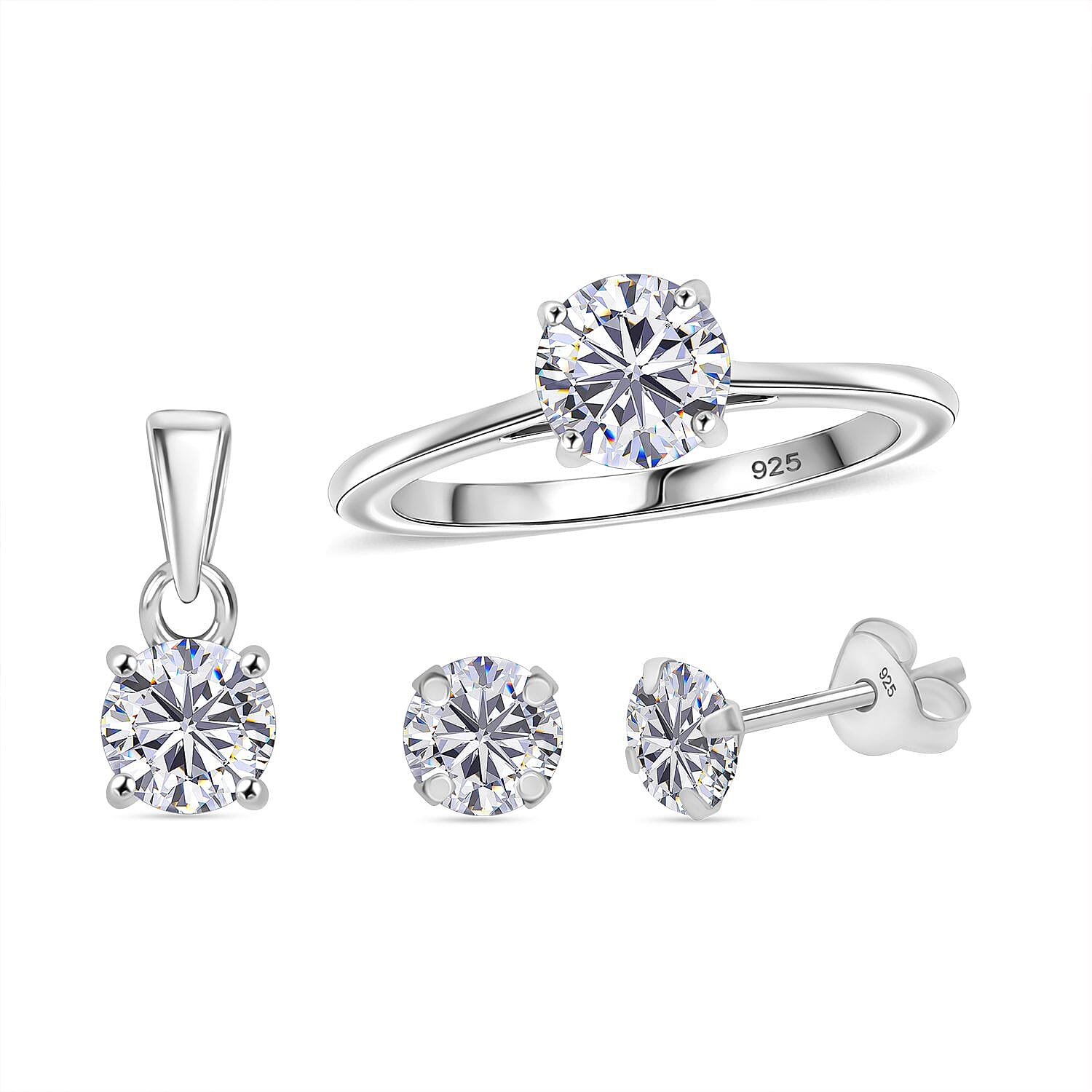 Moissanite 2.50 ctw Stud Earrings, Solitaire Ring (Size 5.0) and Pendant Necklace 20 Inches in Rhodium Over Sterling Silver