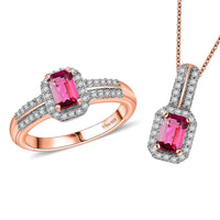 Lab Grown Bixbite, White Zircon Blush Royale Ring (Size 5.0) and Pendant Necklace (20 Inches) in 18K Vermeil RG Over Sterling Silver 1.60 ctw