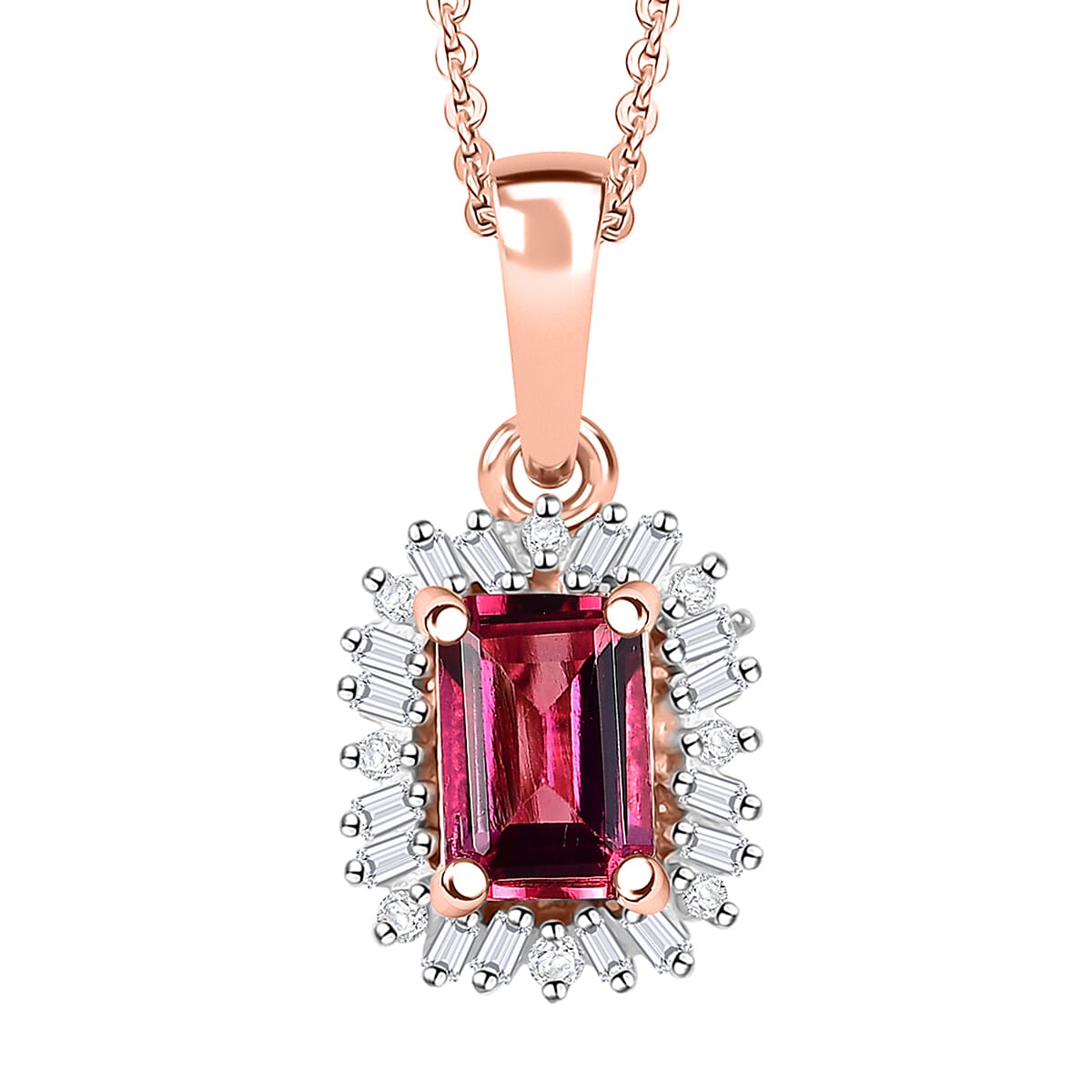 Luxuriant Bixbite (LG) and Dimond 0.65 ctw Blossom Halo Pendant Necklace in 18K Vermeil Rose Gold Sterling Silver 20 Inches