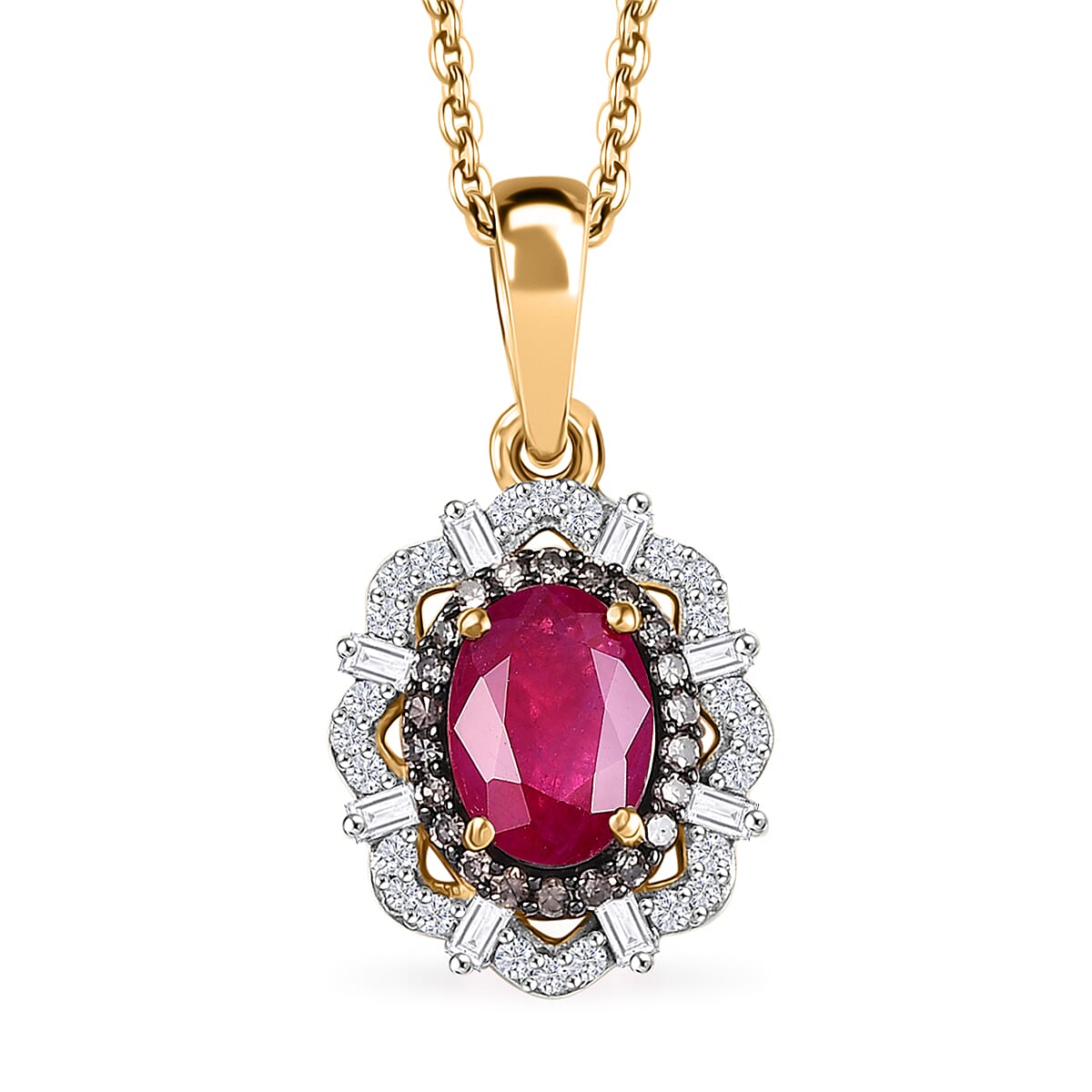 D'Joy Premium Montepuez Ruby, Natural Champagne and White Diamond 1.80 ctw Regal Bloom Pendant Necklace in 18K Vermeil Yellow Gold Over Sterling Silver 20 Inches