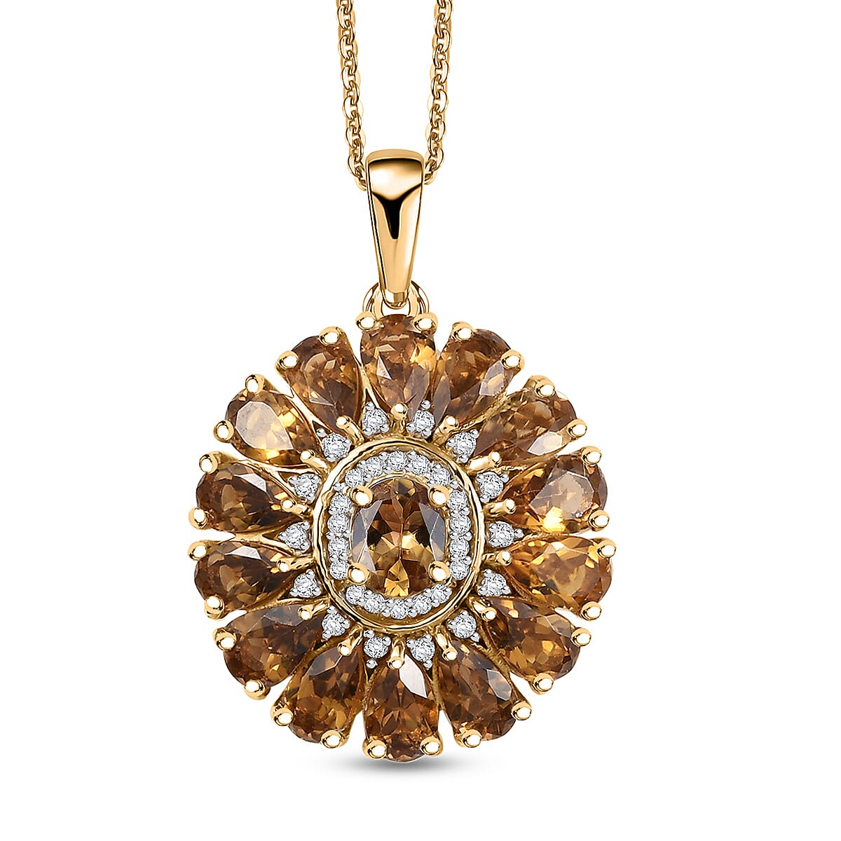 D'Joy Premium Golden Turkizite and White Zircon 3.80 ctw Sunflower Pendant Necklace in Rhodium Over Sterling Silver 20 Inches