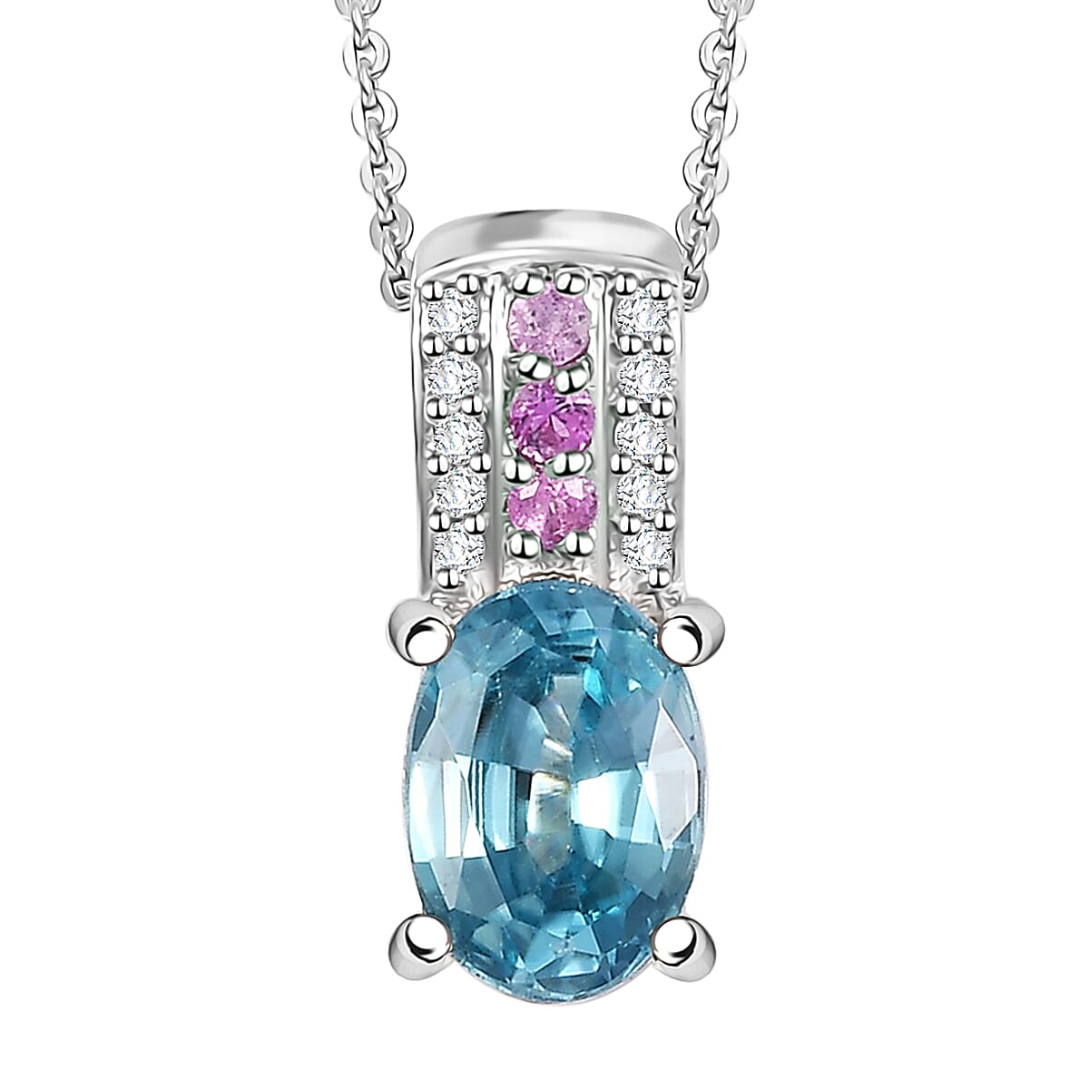 Combodian Blue Zircon and Multi Gemstone 1.50 ctw Pendant Necklace in Rhodium Over Sterling Silver 20 Inches