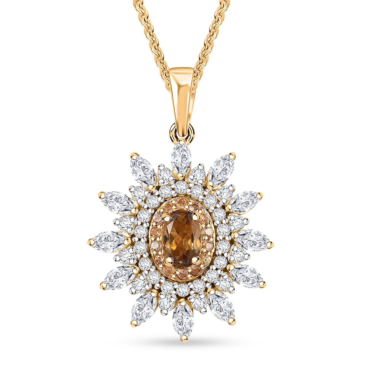 Premium Golden Turkizite and Multi Gemstone 2.55 ctw Sunflower Halo Pendant Necklace in 18K Vermeil Yellow Gold Over Sterling Silver 20 Inches